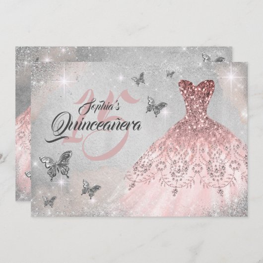 Rose Gold Butterfly Sparkleider Quinceanera Einladung (Vorne/Hinten)