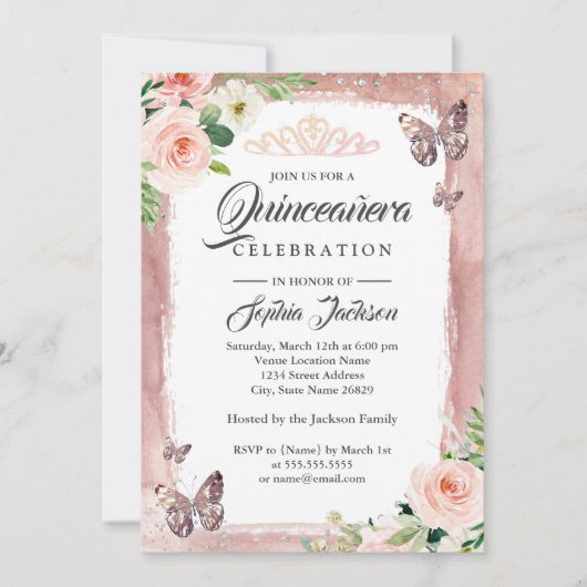Rose Gold Butterfly Sparkon Floral Quinceanera Einladung (Vorderseite)
