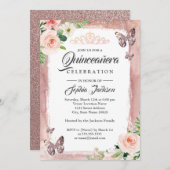 Rose Gold Butterfly Sparkon Floral Quinceanera Einladung (Vorne/Hinten)