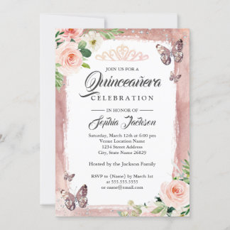 Rose Gold Butterfly Sparkon Floral Quinceanera Einladung