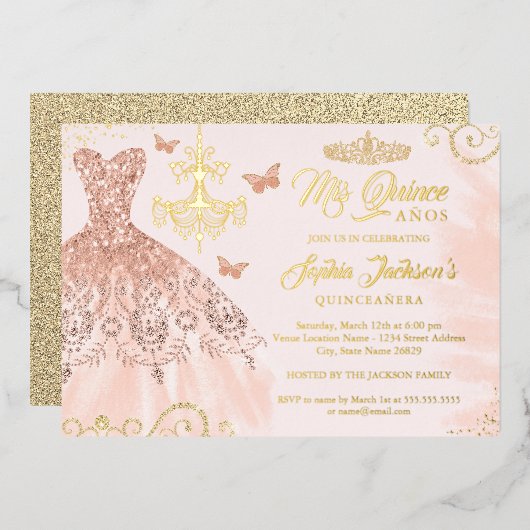 Rose Gold Butterfly Tiara Kleid Quinceanera Folieneinladung (Vorderseite/Rückseite)