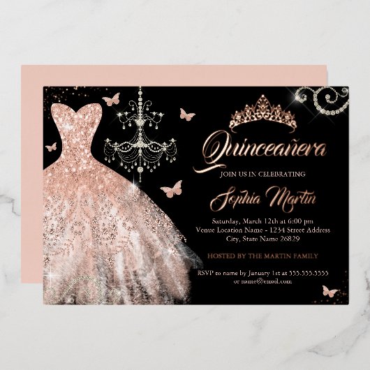 Rose Gold Butterfly Tiara Kleid Quinceanera Folieneinladung (Vorderseite/Rückseite)