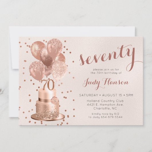 Rose Gold Cake 70. Geburtstag Einladung (Vorderseite)