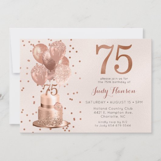 Rose Gold Cake 75. Geburtstag Einladung (Vorderseite)