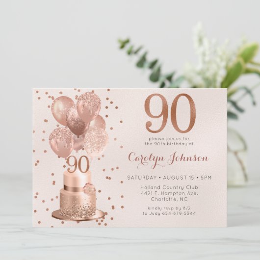 Rose Gold Cake 90. Geburtstag Einladung (Stehend Vorderseite)