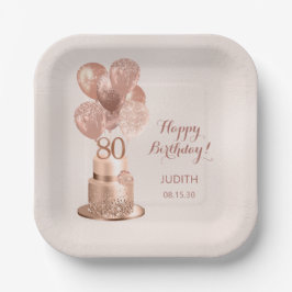 Rose Gold Cake Paper Plate 80. Geburtstag Pappteller