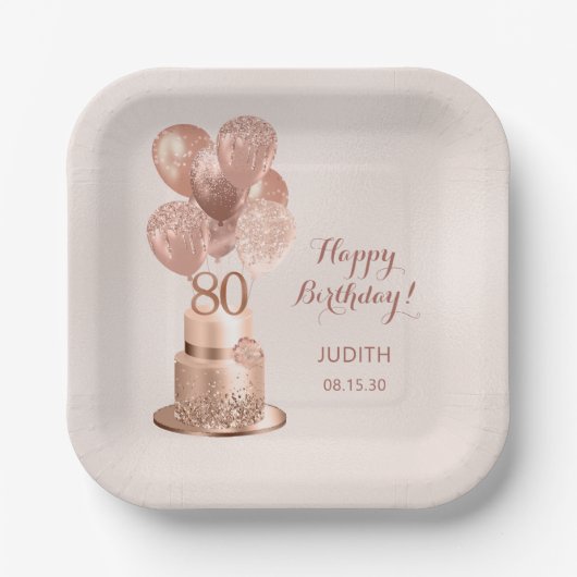 Rose Gold Cake Paper Plate 80. Geburtstag Pappteller (Vorderseite)