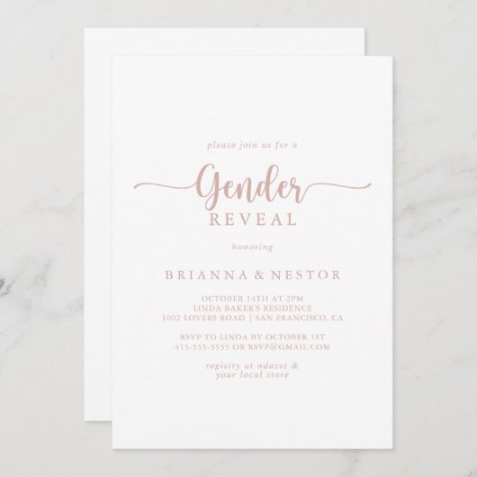 Rose Gold Calligrafy Gender Reveal Party Einladung (Vorne/Hinten)