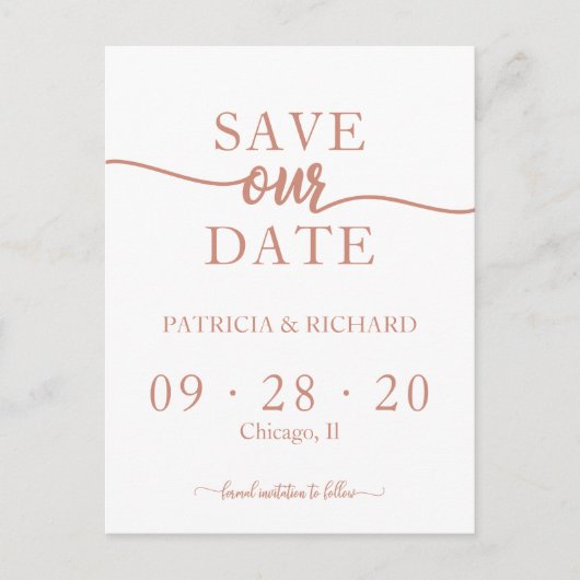 Rose Gold Calligrafy Wedding Save the Date Postkarte (Vorderseite)