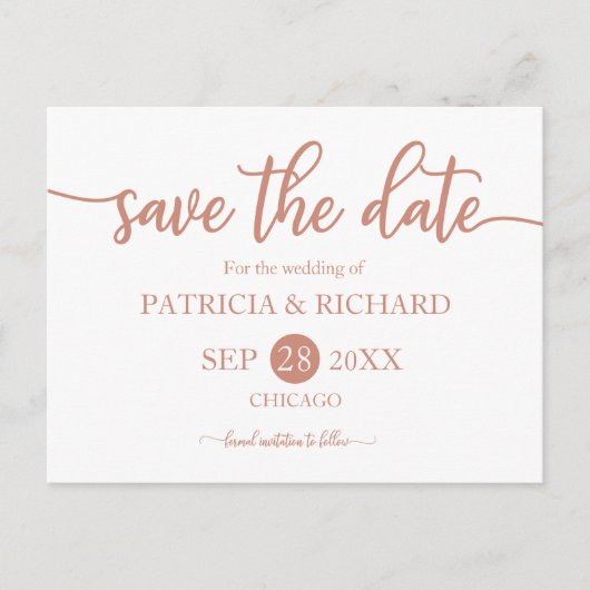 Rose Gold Calligrafy Wedding Save the Date Postkarte (Vorderseite)