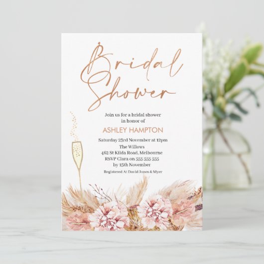 Rose Gold Calligraphy Boho Pampas Brautparty I Einladung (Stehend Vorderseite)
