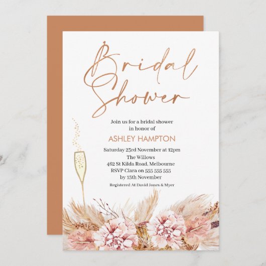 Rose Gold Calligraphy Boho Pampas Brautparty I Einladung (Vorne/Hinten)