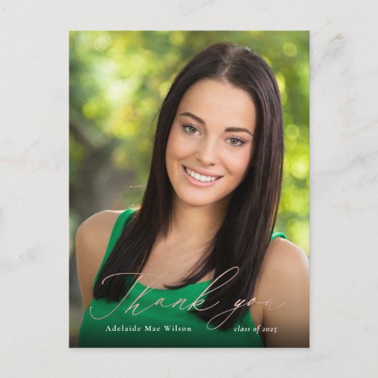 Rose Gold Calligraphy Foto Abschluss Vielen Dank Postkarte (Vorderseite)