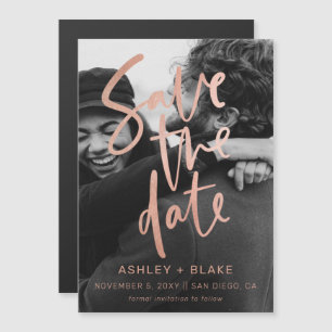 Rose Gold Calligraphy Foto Save the Date Magneteinladung