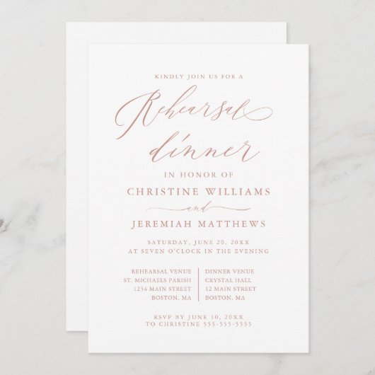 Rose Gold Calligraphy Hochzeit Probe Dinner Einladung (Vorne/Hinten)