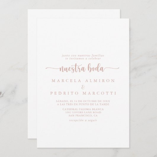 Rose Gold Calligraphy Nuestra Boda Wedding Einladung (Vorne/Hinten)