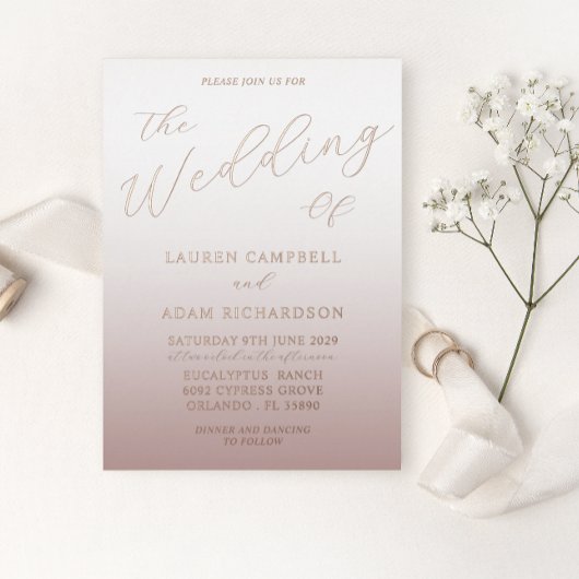 Rose Gold Calligraphy & Ombre Wedding Folieneinladung