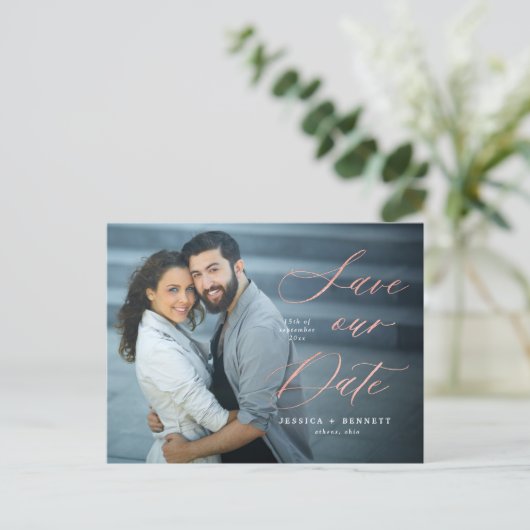 Rose Gold Calligraphy Script Foto Save the Date Postkarte (Stehend Vorderseite)