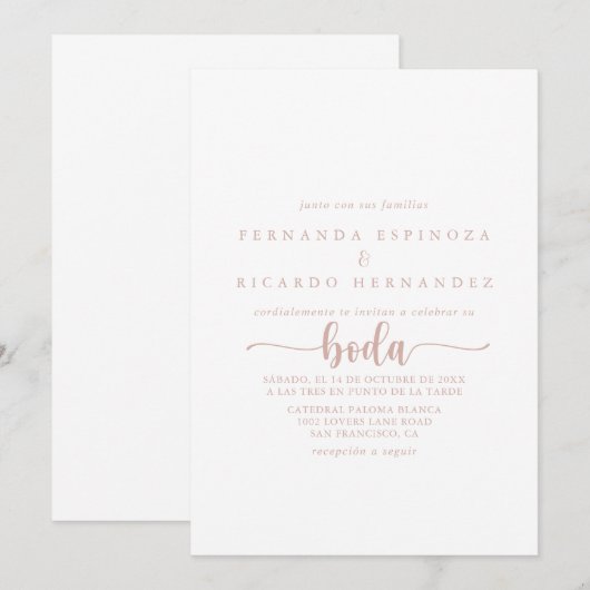 Rose Gold Calligraphy Spanish Wedding Einladung (Vorne/Hinten)