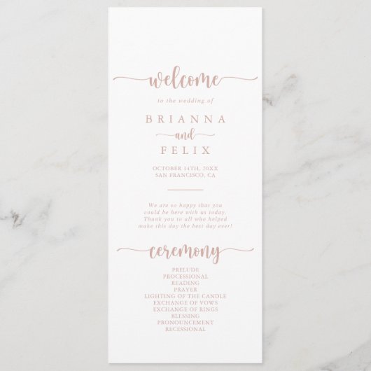 Rose Gold Calligraphy Wedding Program Programm (Vorderseite)