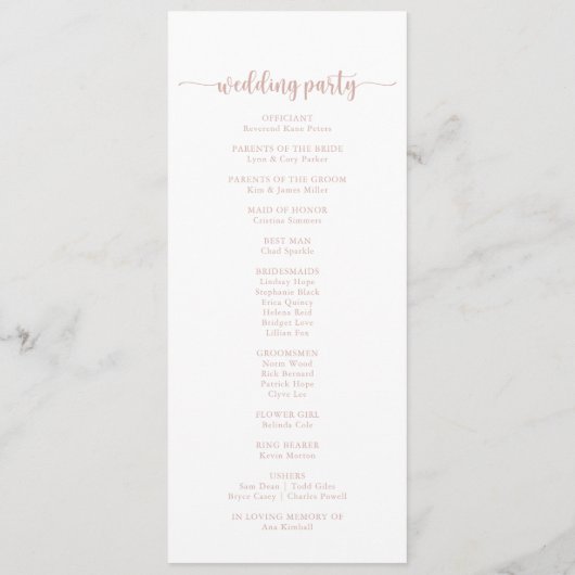 Rose Gold Calligraphy Wedding Program Programm (Rückseite)