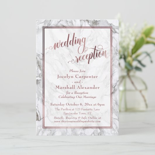 Rose Gold Calligraphy Wedding Reception Marmor Einladung (Stehend Vorderseite)
