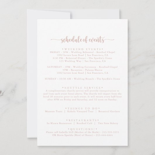 Rose Gold Calligraphy Wedding Willkommensbrief (Rückseite)