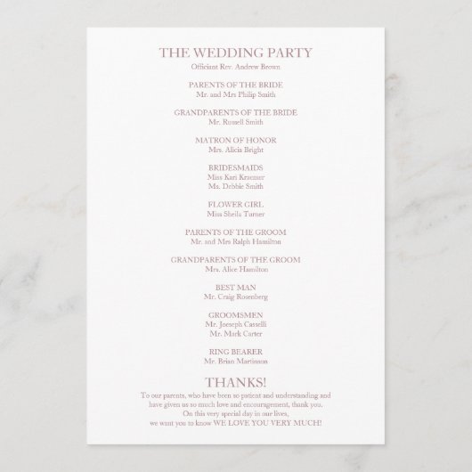 Rose Gold Calligraphy Wedemony Program Programm (Rückseite)