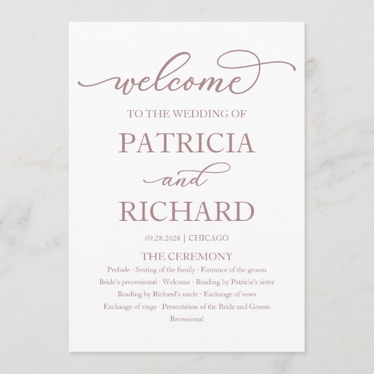 Rose Gold Calligraphy Wedemony Program Programm (Vorderseite)
