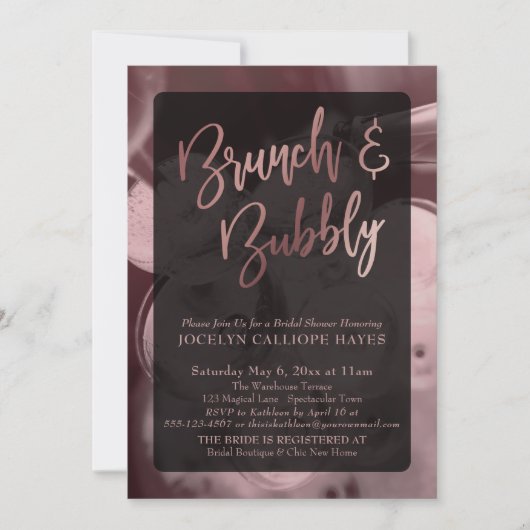 Rose Gold Champagne Brunch & Bubbly Handschrift Einladung (Vorderseite)