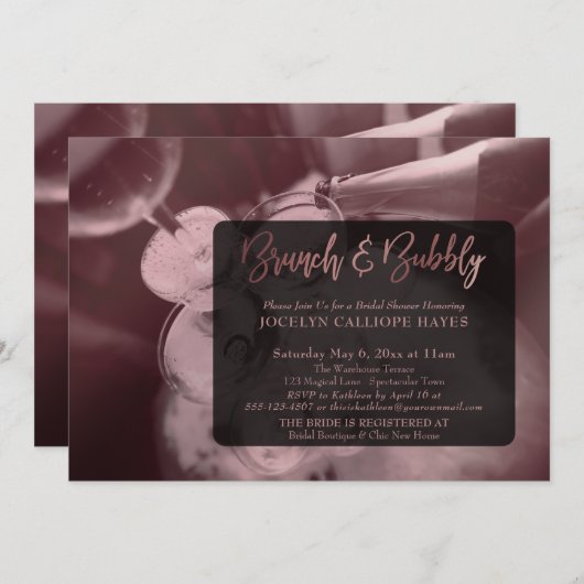 Rose Gold Champagne Brunch & Bubbly Handschrift Einladung (Vorne/Hinten)