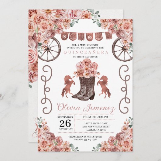 Rose Gold Charra Floral Boots Quinceañera Einladung (Vorne/Hinten)