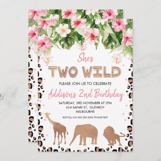 Rose Gold Cheetah Print Two Wild Second Birthday Einladung (Vorne/Hinten)