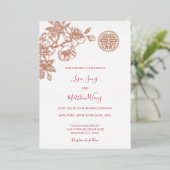 Rose Gold Cherry Blossom Chinesische Hochzeit Folieneinladung (Stehend vorne)