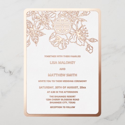 Rose Gold Cherry Blossom Chinesische Hochzeit Folieneinladung (Vorderseite)