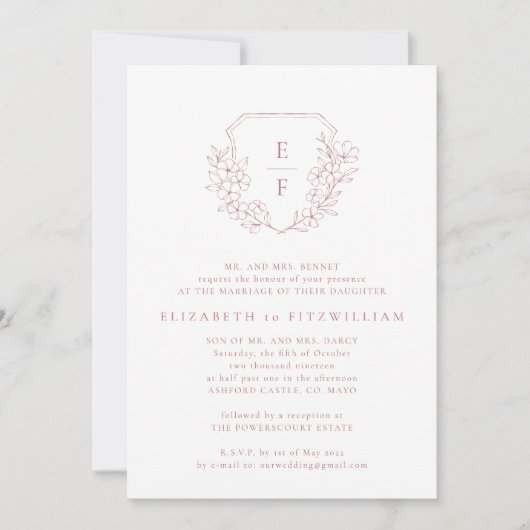 Rose Gold Cherry Blüten Wappen Monogramm Hochzeit Einladung (Vorderseite)