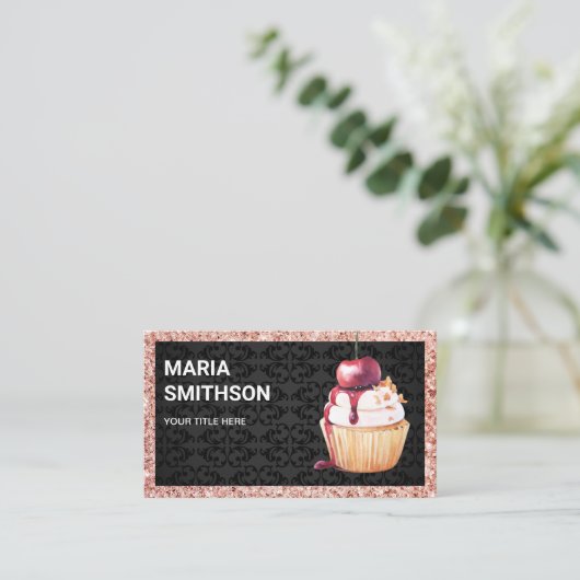 Rose Gold Cherry Cupcake Konditorei Koch Bäckerei Visitenkarte (Stehend Vorderseite)