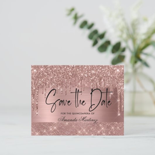Rose Gold Chic Quinceañera Save the Date Postkarte (Stehend Vorderseite)