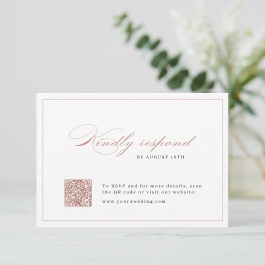 Rose gold Classic Elegance Script QR Code Hochzeit RSVP Karte (Stehend Vorderseite)