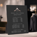 Rose Gold Clothes gefährdet Preise/Dienstleistungs Fotoplatte<br><div class="desc">Elegante Tafel mit Aasel zeigt Ihre Dienstleistungen oder Preisliste schön. Dieses elegante Design ist perfekt für Schneider, Nahtlose, Privatkunden, Trockenreiniger und vieles mehr geeignet. Die klassisch weiße Schrift auf einem reichen kohlegrauen Hintergrund mit Imitaten, Rose Goldfolie Kleiderbügel Illustration. Enthält drei individuell anpassbare Überschriften und Textfelder sowie Platz für Ihre Kontaktinformationen....</div>