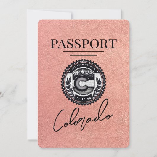 Rose Gold Colorado Passport Hochzeit Einladung (Rückseite)