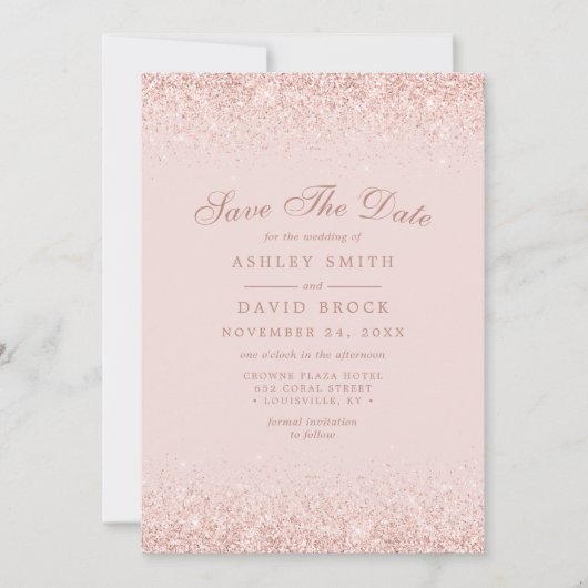 Rose Gold Confetti Blush Pink Moderne Save The Date (Vorderseite)