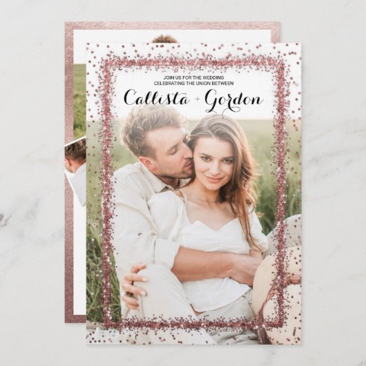 Rose Gold Confetti Border Foto Collage Wedding Einladung (Vorne/Hinten)