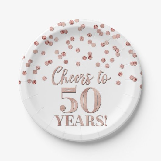 Rose Gold Confetti Feiert 50 Jahre Geburtstag Pappteller (Vorderseite)