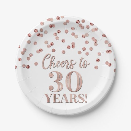 Rose Gold Confetti freut sich auf 30 Jahre Geburts Pappteller (Vorderseite)