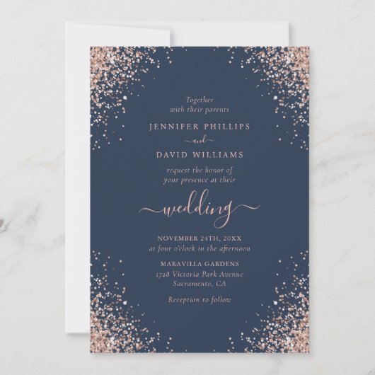 Rose Gold Confetti Glitzer Navy Blue Wedding Einladung (Vorderseite)