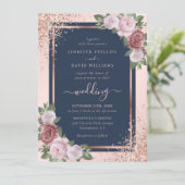 Rose Gold Confetti Glitzer Navy Blush Hochzeit Einladung (Stehend Vorderseite)
