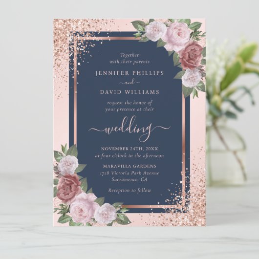 Rose Gold Confetti Glitzer Navy Blush Hochzeit Einladung (Stehend Vorderseite)