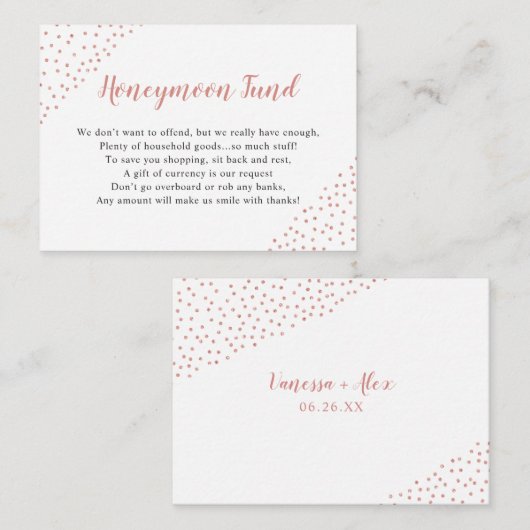 Rose Gold Confetti Honeymoon oder Haushaltsfonds Begleitkarte (Vorne/Hinten)