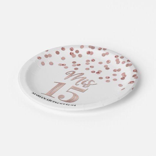 Rose Gold Confetti Mis 15 Quinceanera Pappteller (Schrägansicht)